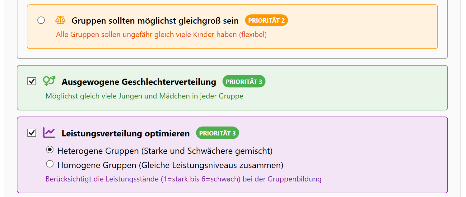 Leistungsverteilung für optimale Klassenaufteilung einstellen